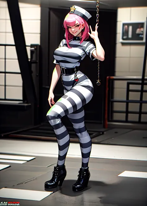 ((Masterpiece, best quality)),edgQuality,smirk,smug,bimbo glossy,full body,
edgHJ,striped clothing, a woman in a jail outfit pos...