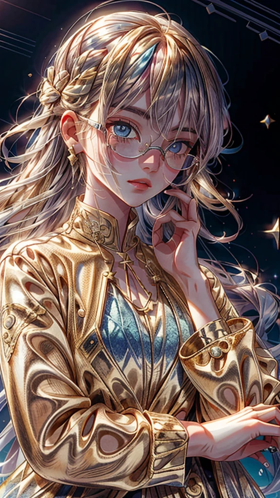 a close up of image of girl with glasses and gold hair and long neck, 1girl, solo, long hair, tinted eyewear, round eyewear, sunglasses, jewelry,  hair, bangs,Marinette, blue_eyes, Marinette Dupain-Cheng