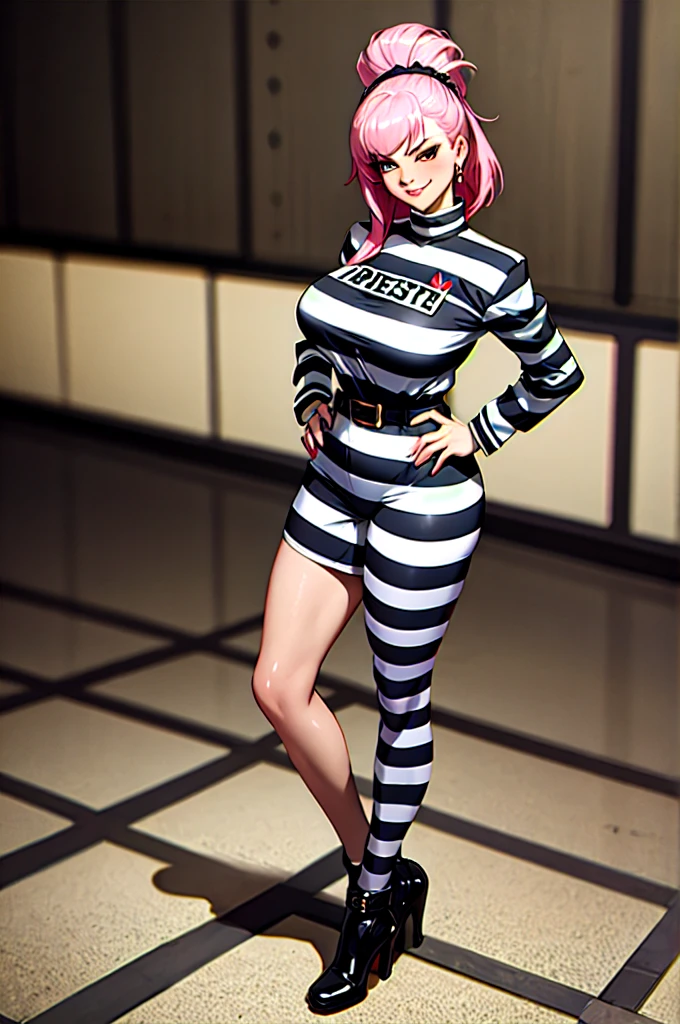 ((Masterpiece, best quality)),detailed beautiful face, edgQuality,smirk,smug,bimbo glossy,full body,
edgHJ,striped clothing, a woman in a jail outfit posing for a picture ,wearing edgHJ,
