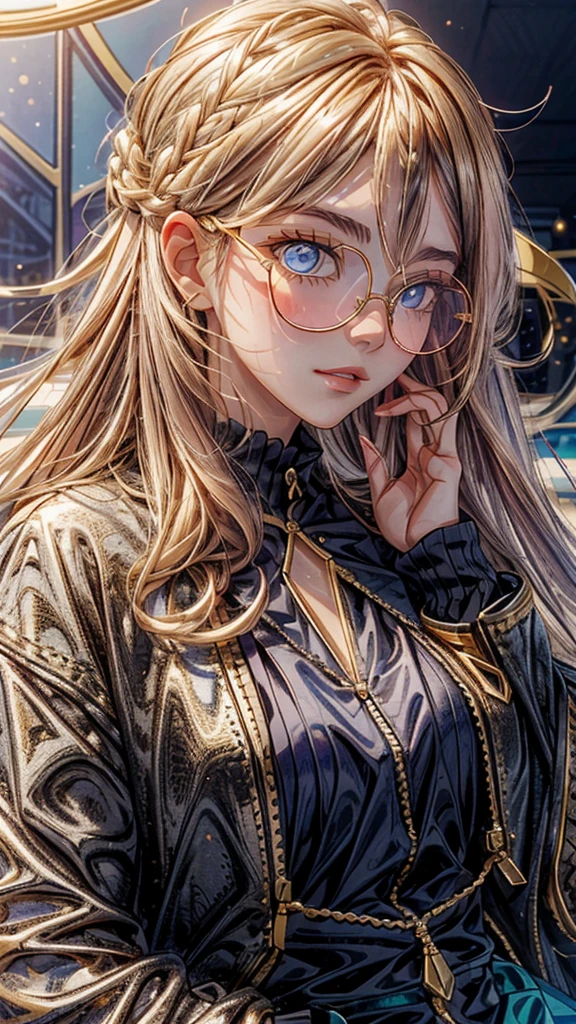 a close up of image of girl with glasses and gold 头发 and long neck, 1女孩, 独自的, long 头发, 有色眼镜, 圆形眼镜, 太阳镜, 珠宝,  头发, 刘海,马里内特, 蓝色的_眼睛, 马里内特 Dupain-Cheng