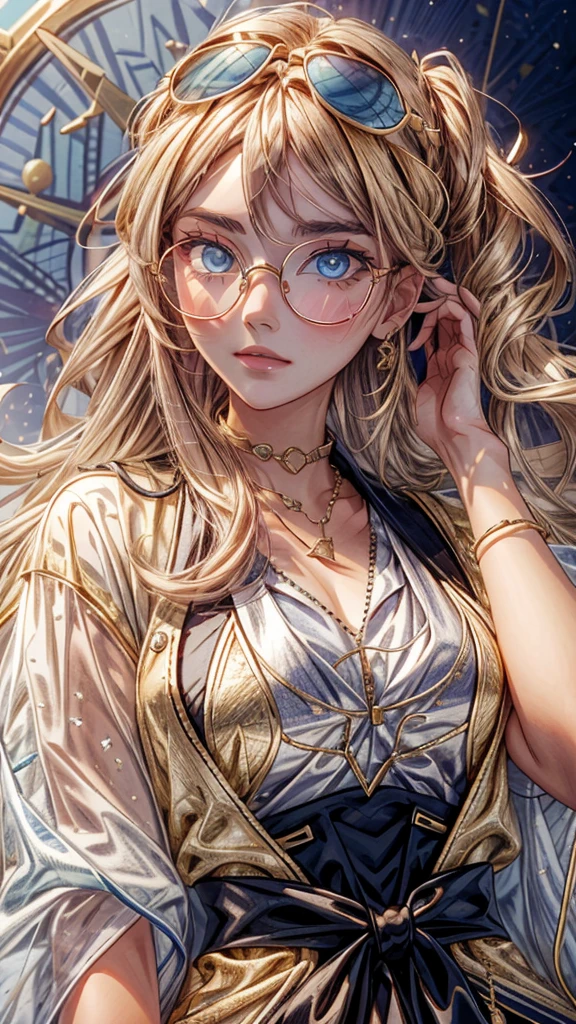 a close up of image of girl with glasses and gold hair and long neck, 1girl, solo, long hair, tinted eyewear, round eyewear, sunglasses, jewelry,  hair, bangs,Marinette, blue_eyes, Marinette Dupain-Cheng