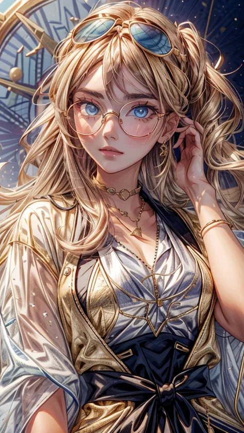 a close up of image of girl with glasses and gold hair and long neck, 1girl, solo, long hair, tinted eyewear, round eyewear, sun...