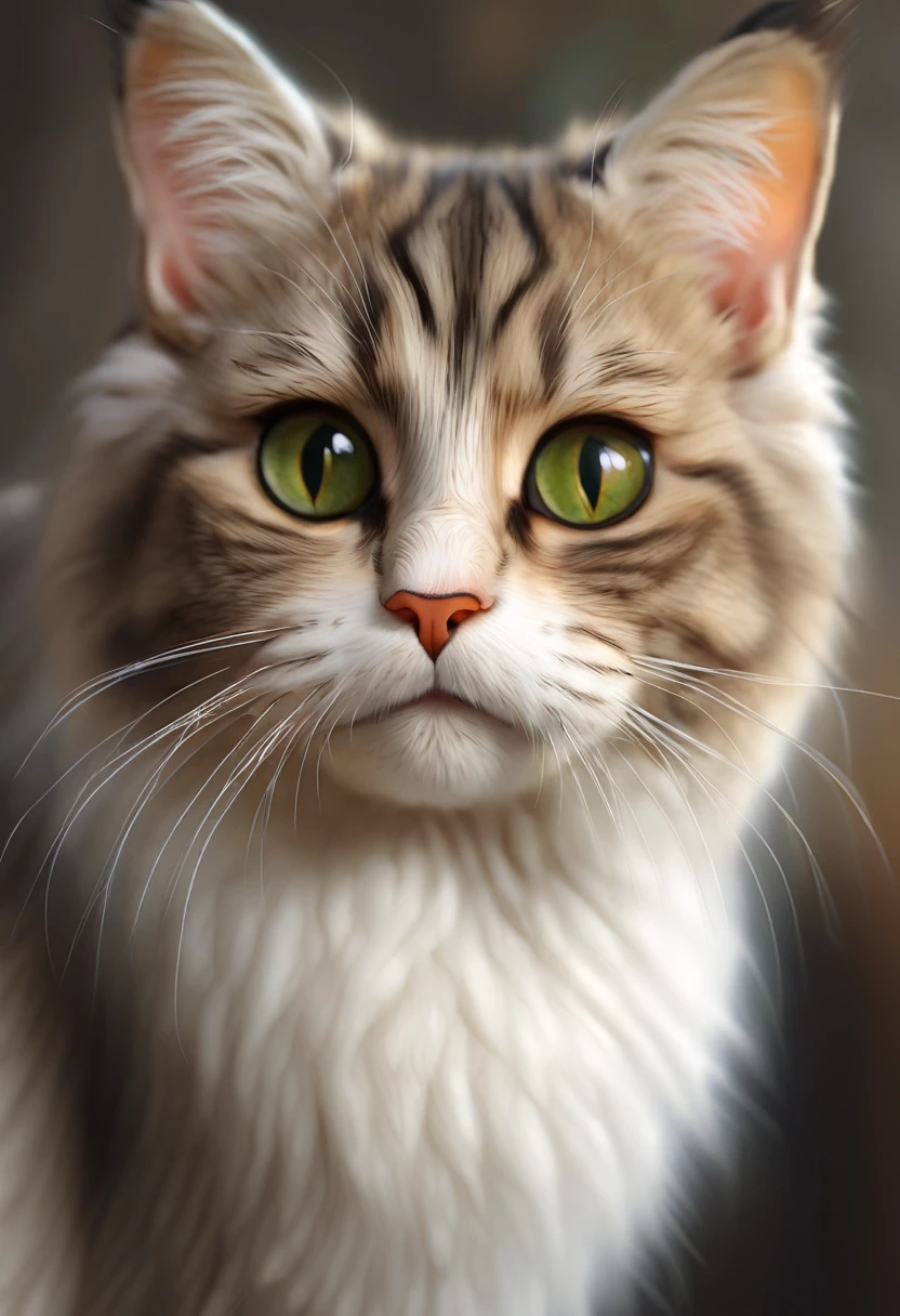 Cute and gentle cat, Ultra high definition 8k, Portraiture, Realistic, Very detailed, Adorable, Soft fur, Gentle expression, Warm lighting, Detailed facial features, Large expressive eyes, Detailed beard, Intricate details, natural environment, green々Leaf, photoRealistic, masterpiece, Highest quality