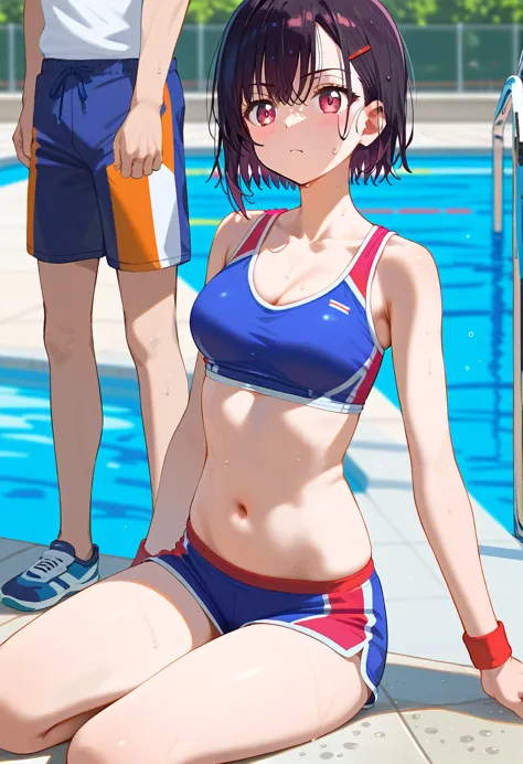 mikazuki shizuka, alone,one girl, sportswear,belly button,a man touches a woman,1boy,poolside,breakscore_9, score_8_excellent, s...