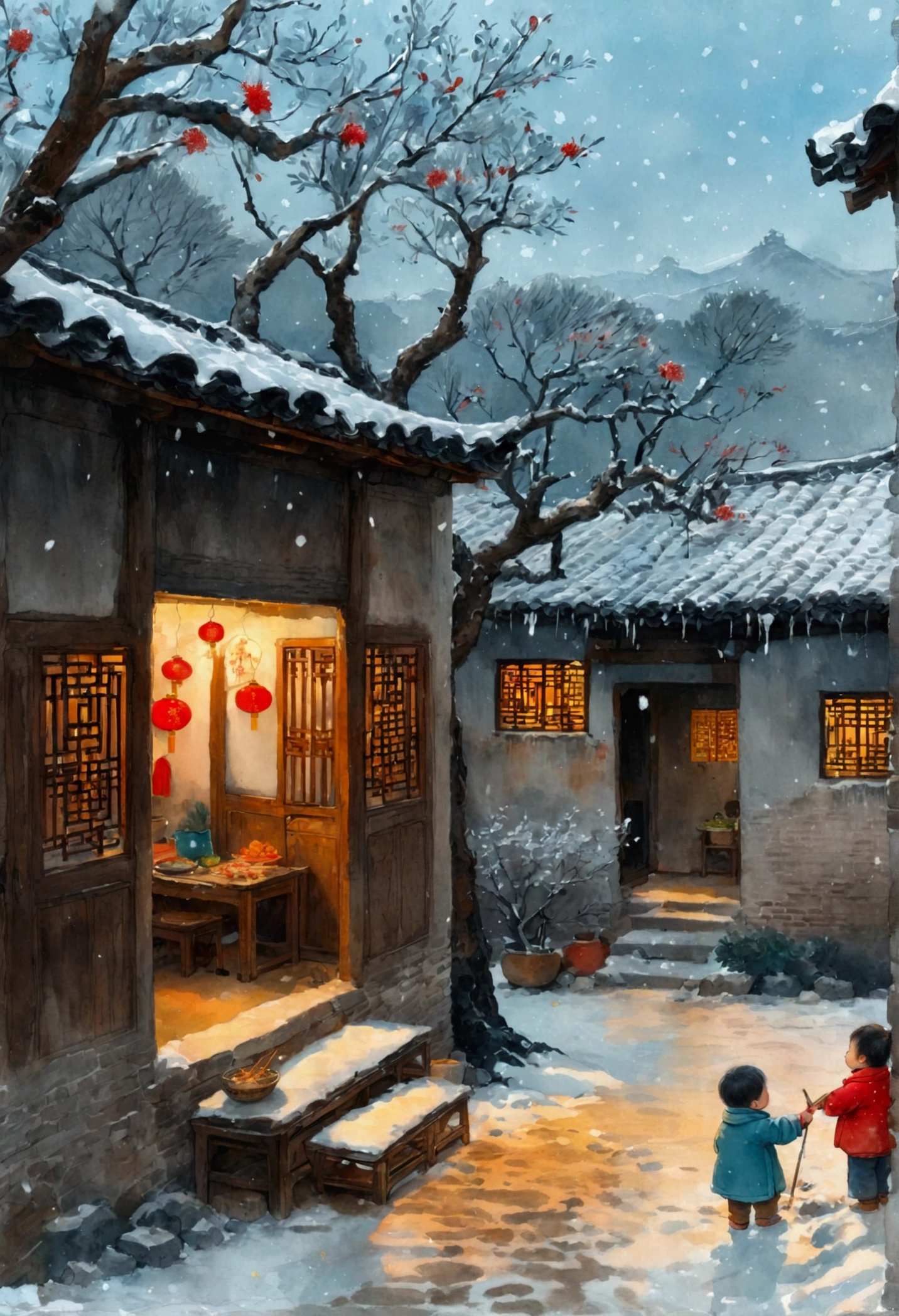 Ink Painting：China 70s，CNY，festival，winter，heavy snow，Village courtyard，firecracker，Warm home，patio，Icicles on the eaves，Tree，Dirt paths，Happy little ones