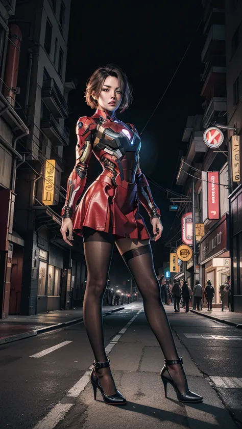 beautiful iron man，full body portrait，wear a short skirt，black pantyhose，wearing high heels，cyberpunk，night，hyperrealism，neon st...