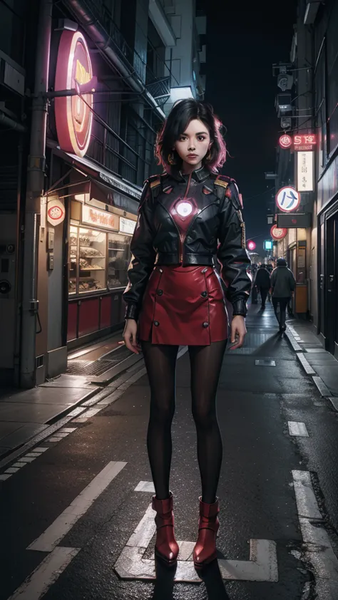 beautiful iron man，full body portrait，wear a short skirt，black pantyhose，wearing high heels，cyberpunk，night，hyperrealism，neon st...