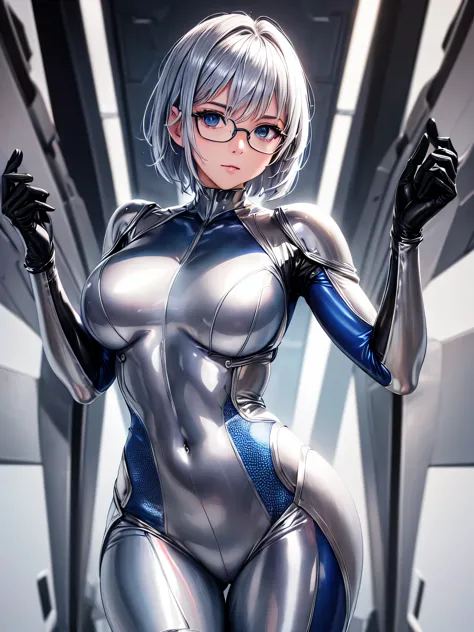 highest quality 8k uhd、mastepiece、close-up、short hair、blue eyes、open legs、silver hair、glasses、beautiful woman wearing seamless f...