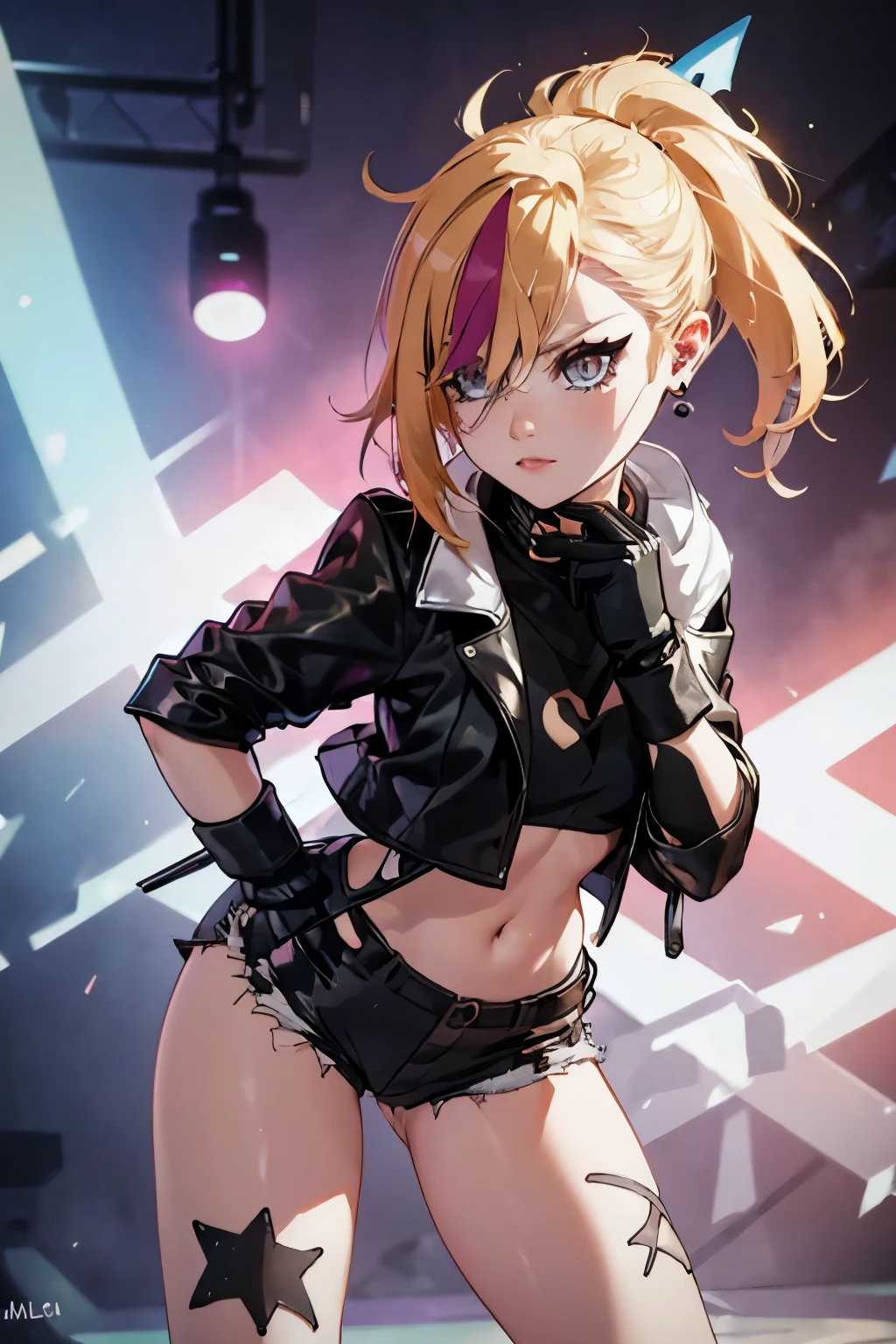 realistic:1.2, Rocker girl wearing a leather jacket,slim body shape、Normal bust size,  full body shot, １two electric guitars, clothes with spikes,white tank top、Navel exposed、low rise leather shorts,tattoo,earrings dark lipstick, blue eyes,blonde twintail hair,black ribbon, beautiful and perfect legs, confident look, punk style ,dynamic pose, dynamic lighting, brightly colored stage,colorful stage lights, ant alexa 65, 50MM lens