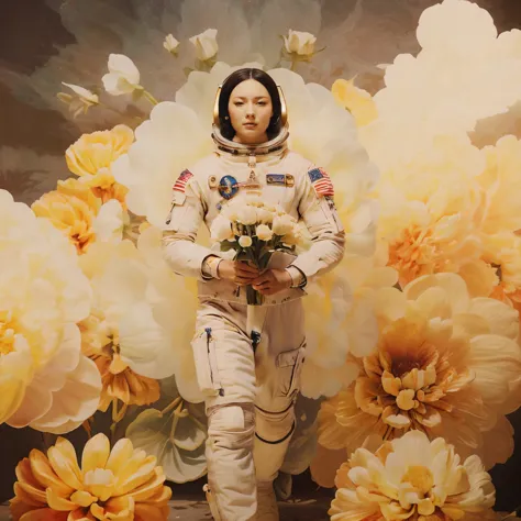 An astronaut, Walking on blooming roses, full body, militaristic realism, hd mod, dark gold, distinctive noses
