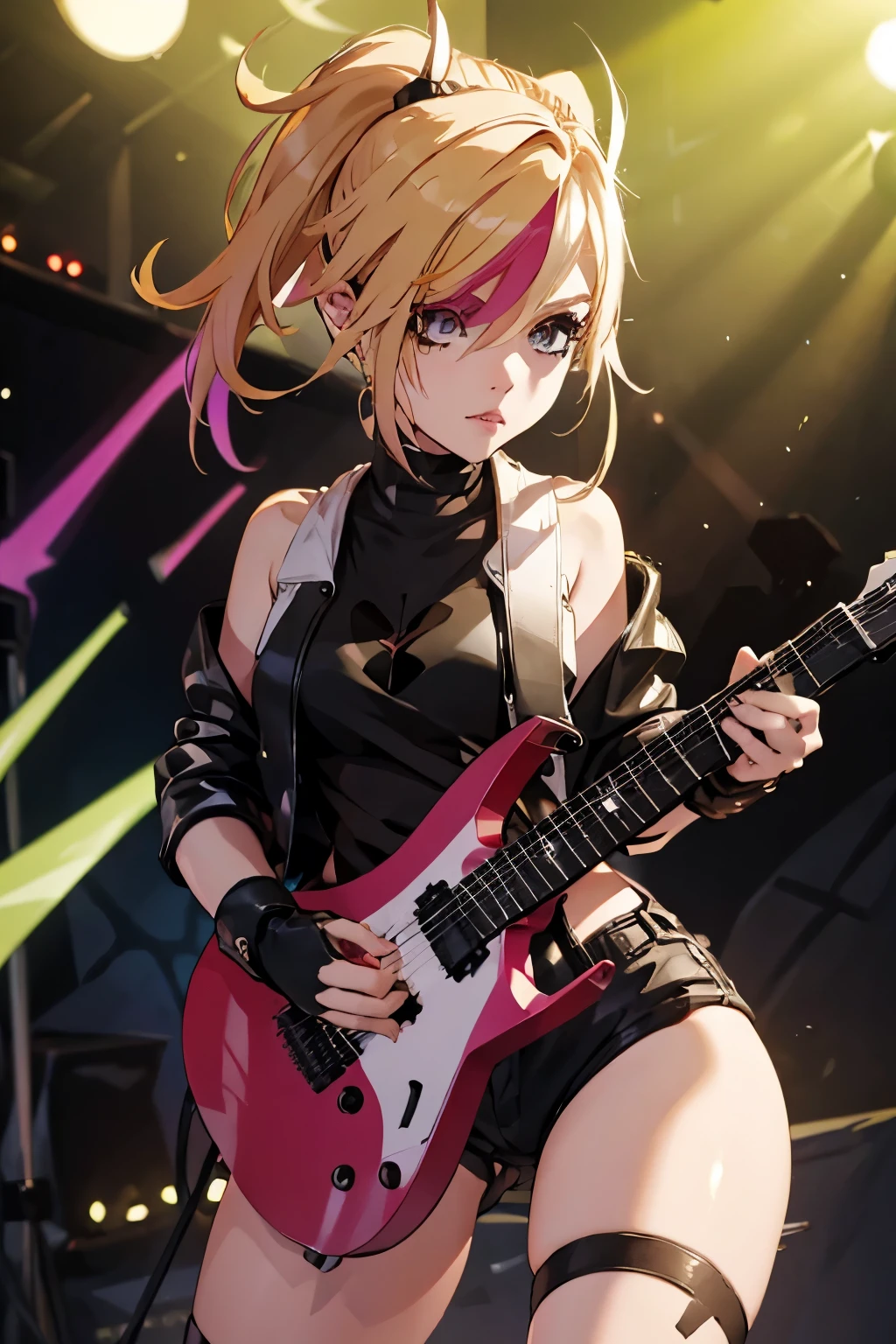 realistic:1.2, Rocker girl wearing a leather jacket,slim body shape、Normal bust size,  full body shot, １two electric guitars, clothes with spikes,white tank top、Navel exposed、low rise leather shorts,tattoo,earrings dark lipstick, blue eyes,blonde twintail hair,black ribbon, beautiful and perfect legs, confident look, punk style ,dynamic pose, dynamic lighting, brightly colored stage,colorful stage lights, ant alexa 65, 50MM lens