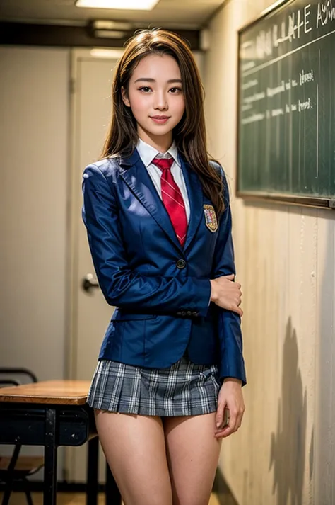 ((masterpiece)),(((best quality))),thin thighs,long legs,girl standing in school,red tie uniform,dark blue blazer,blue plaid ski...