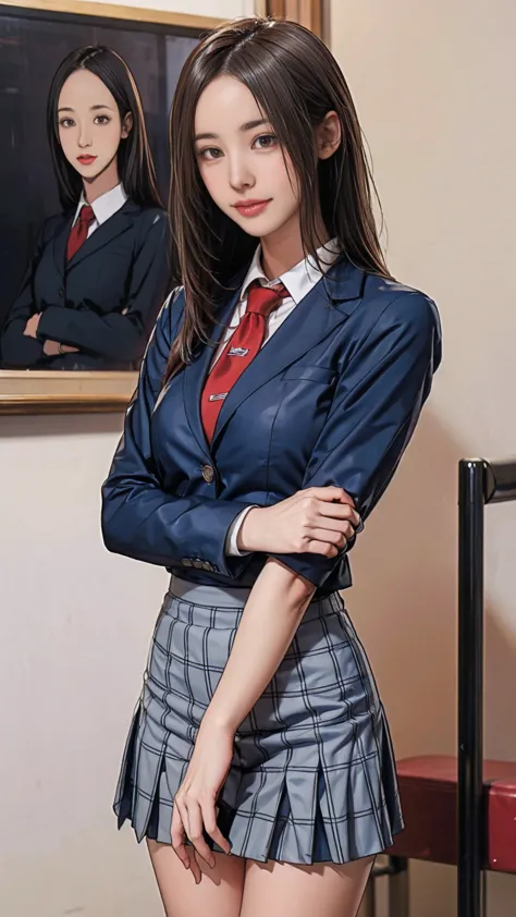 ((masterpiece)),(((best quality))),thin thighs,long legs,girl standing in school,red tie uniform,dark blue blazer,blue plaid ski...