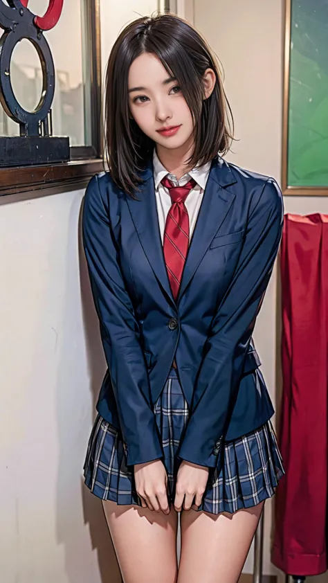 ((masterpiece)),(((best quality))),thin thighs,long legs,girl standing in school,red tie uniform,dark blue blazer,blue plaid ski...