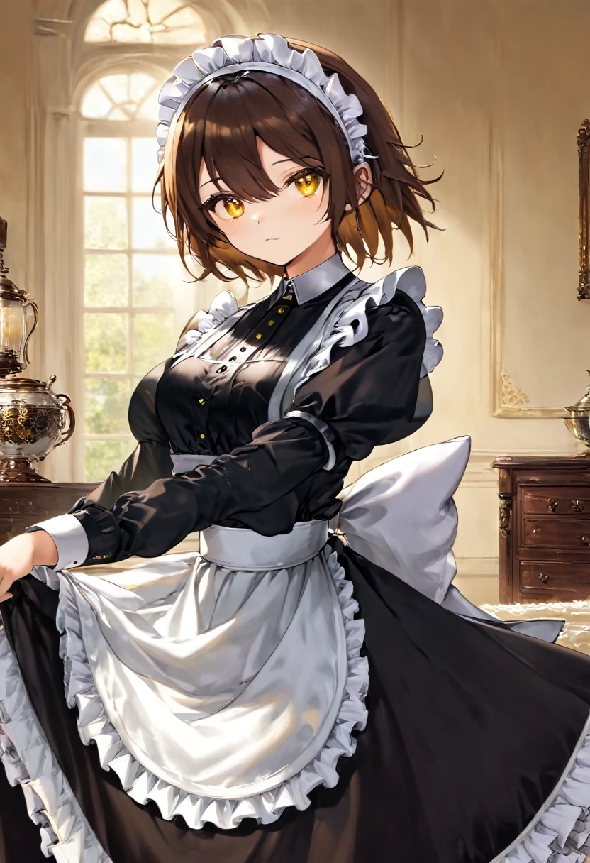 Girl, Short Brown Hair, wearing glass, Yellow-amber eyes, Victorian maid, 