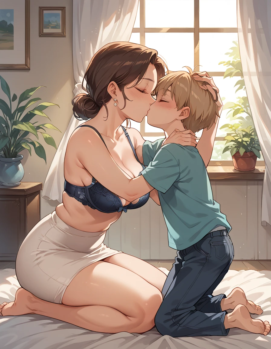 score_9, score_8_up, score_7_up, source_anime, 1boy, 1girl, mature female wearing a sexy bra, mother and son, kid, hug, kiss, hand on head, kneeling, 