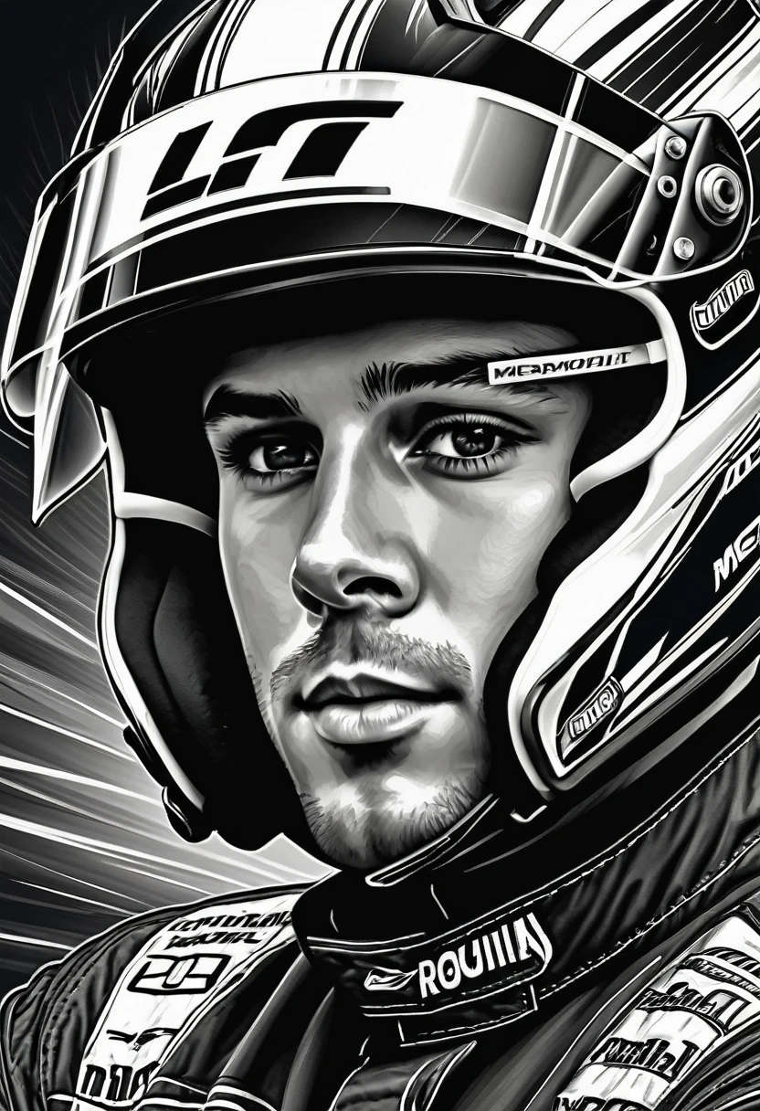 A captivating pencil line drawing of a young and charismatic racing driver, showcasing his determined and confident expression. He is dressed in a racing suit adorned with sponsor logos, gripping his helmet under his arm. The portrait captures the essence of adrenaline and focus that defines this motorsport athlete. The background features a stylized race track and a sleek Formula 1 car, emphasizing the high-speed world of competitive racing.