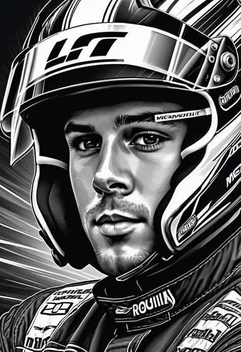 A captivating pencil line drawing of a young and charismatic racing driver, showcasing his determined and confident expression. ...