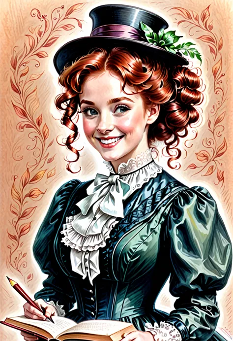 a colored pencil drawing of a pretty smiling happy victorian governess, curly auburn red hair. kind and inteligent, joyful energ...