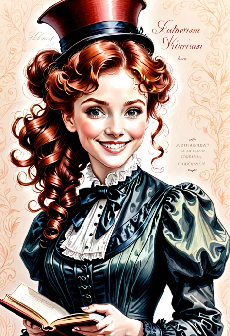 a colored pencil drawing of a pretty smiling happy victorian governess, curly auburn red hair. kind and inteligent, joyful energ...