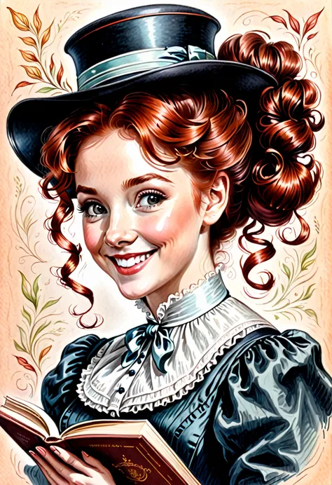 a colored pencil drawing of a pretty smiling happy victorian governess, curly auburn red hair. kind and inteligent, joyful energ...