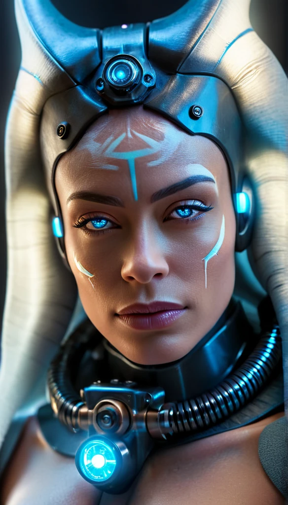 Eine futuristische Cyborg-Frau mit leuchtend blauen Schaltkreisen, Dramatische Beleuchtung, komplexe mechanische Details, Hyperrealistisch, 8k, Volumetrische Beleuchtung, Filmkomposition, Schärfentiefe, fotorealistisch, sehr detailliert, leuchtende Farben, Studiobeleuchtung, Science-Fiction, blaues und schwarzes Farbschema