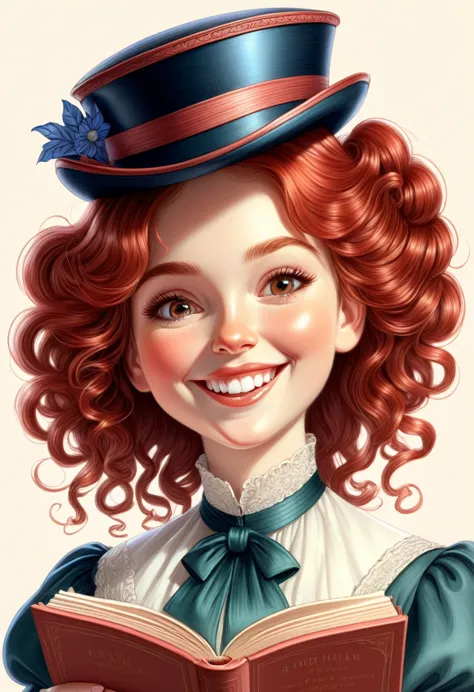 a colored pencil drawing of a pretty smiling happy victorian governess, curly auburn red hair. kind and inteligent, joyful energ...