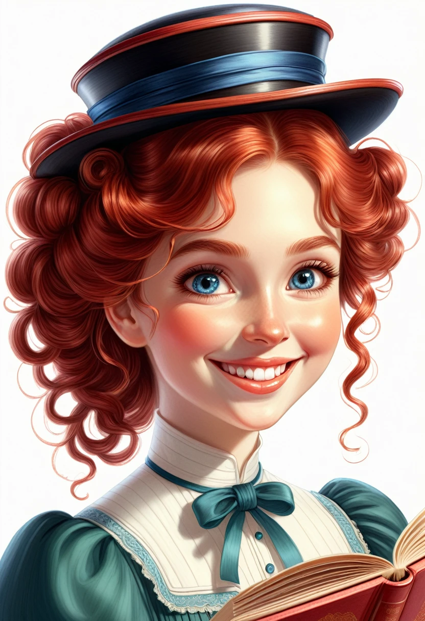 A colored pencil drawing of a pretty smiling happy victorian governess, curly auburn red hair. Kind and inteligent, joyful energy. hair in bun, hat. book of poetry in hand. 
