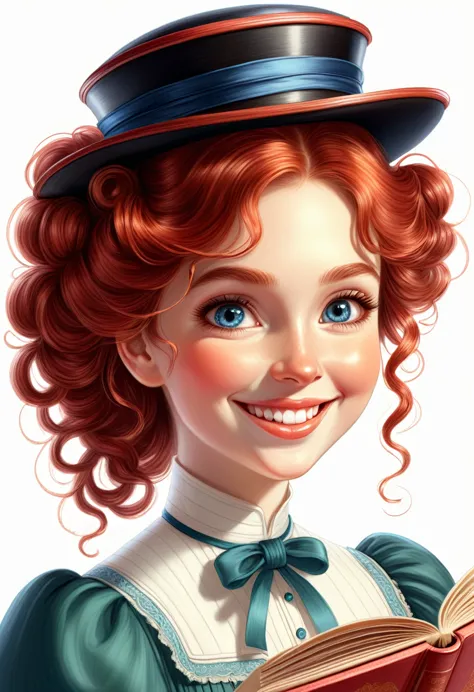 a colored pencil drawing of a pretty smiling happy victorian governess, curly auburn red hair. kind and inteligent, joyful energ...