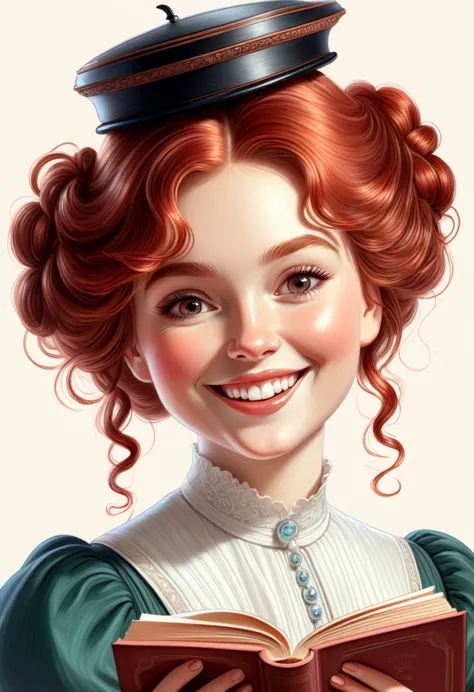 a colored pencil drawing of a pretty smiling happy victorian governess, curly auburn red hair. kind and inteligent, joyful energ...