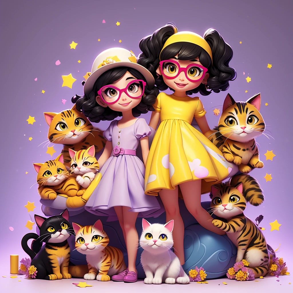 create a disney style drawing/pixar of a woman with short hair, wavy and dark lilac tone. wears prescription glasses with black frames. wears a discreet lilac dress with sleeves. With her, there are 4 kittens. the first cat is a himalayan. the second is a black kitten with short hair and yellow eyes. the third is a gray colored cat. the fourth is a black cat with yellow and white spots