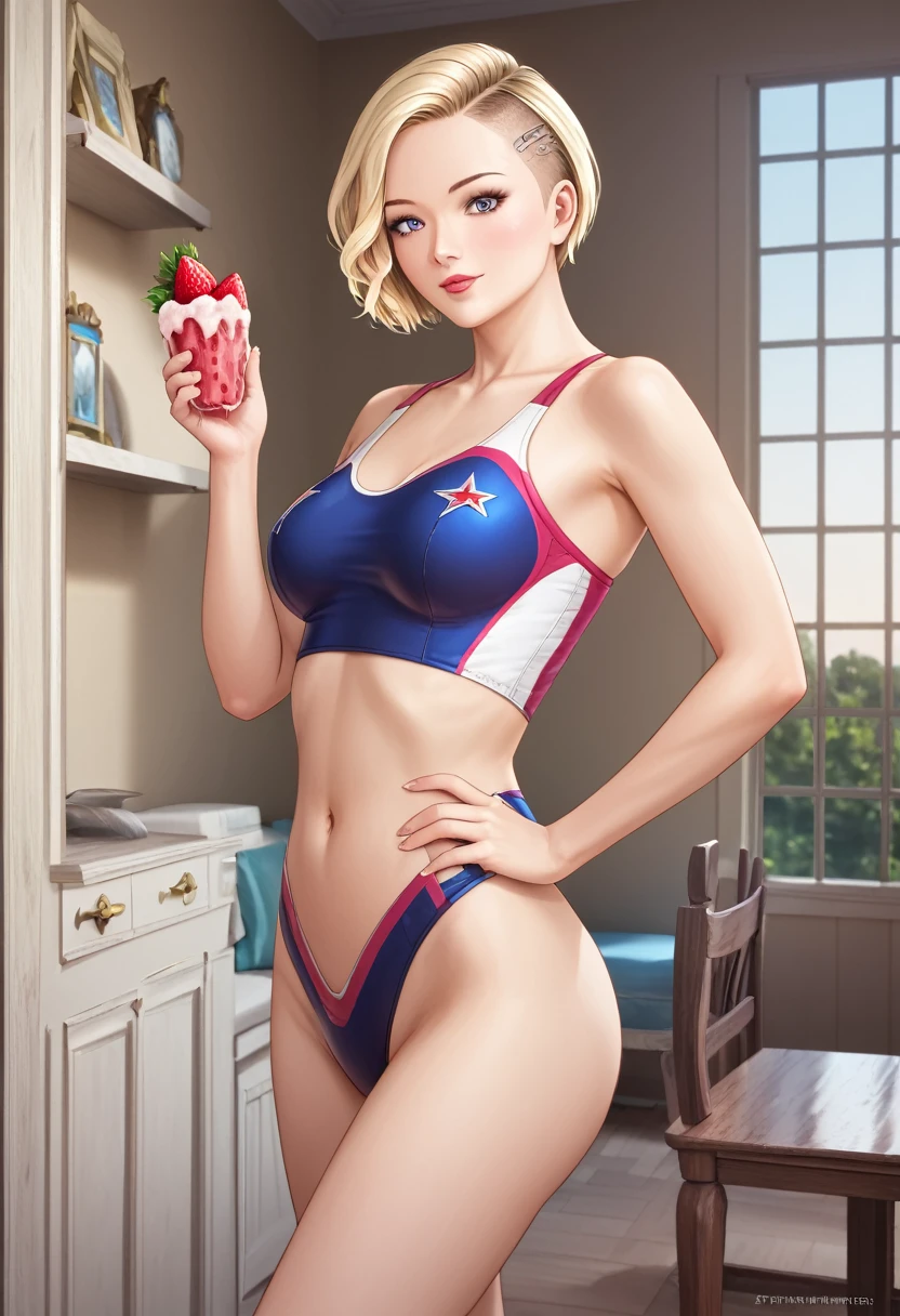 One girl, blonde short hair, wearing a swimsuit and eating shaved ice, shaved ice, shaved ice with strawberry syrup,(((masterpiece))), (((best quality))), ((ultra-detailed)), (illustration), (detailed light),((an extremely delicate and beautiful)),(beautiful detailed eyes),