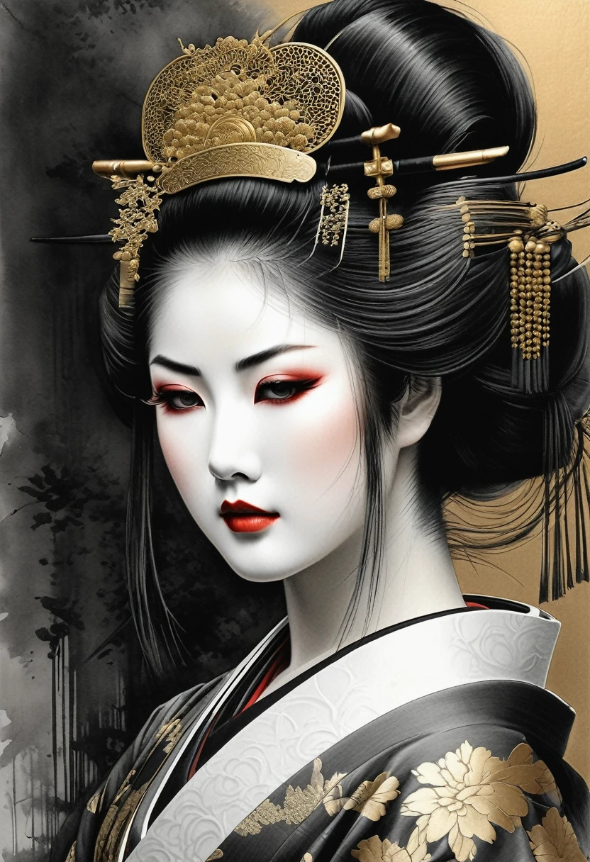 black pencil shading, charcoal drawing, tinted paper, pencil drawing, brutal dark b/w color scheme, gold patterns,
A captivating illustration of a Geisha Assassin in the mystic world of ancient Kyoto. The female character is cloaked in luxurious silk and adorned with intricate steel armor, her movements as graceful as a dancer yet as precise as a skilled warrior. A porcelain mask covers her face, hiding her identity while accentuating the allure and danger of the geisha tradition. The artwork masterfully combines the energetic style of sumi-e with the meticulous detail of Japanese ink, creating a striking visual impact. The Geisha Assassin's eyes, filled with a steely resolve, subtly reveal her lethal intentions beneath her serene demeanor. However, a touch of melancholy lingers in her gaze, serving as a poignant reminder of the sacrifices she has made in her pursuit of this deadly profession.