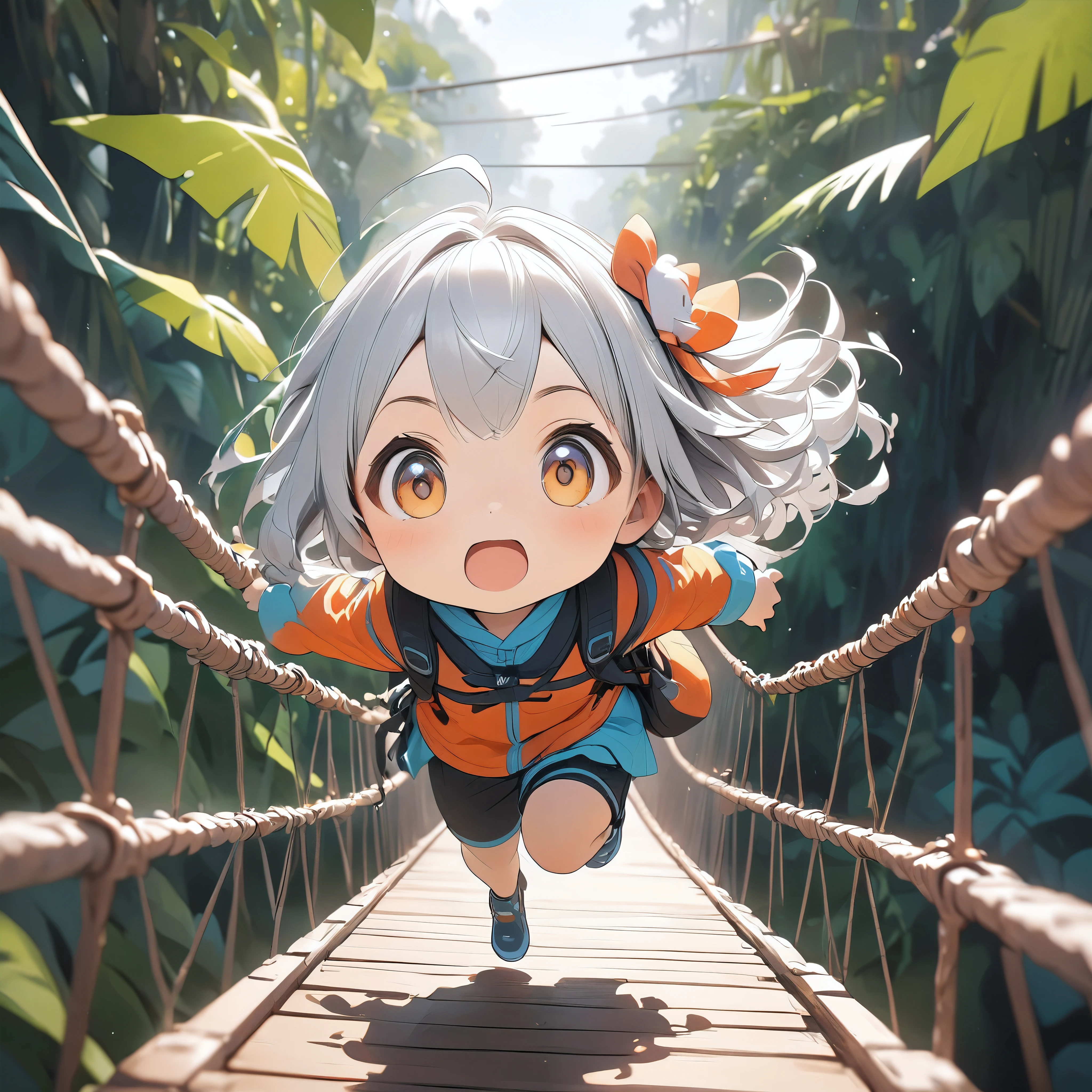 Ultra-small deformation, cute, Crossing a suspension bridge in the jungle, 
BREAK A mad dash towards the viewers, Dynamic Motion Blur, Dynamic Sports Motion, Looks like a lot of fun,  
ARW, 