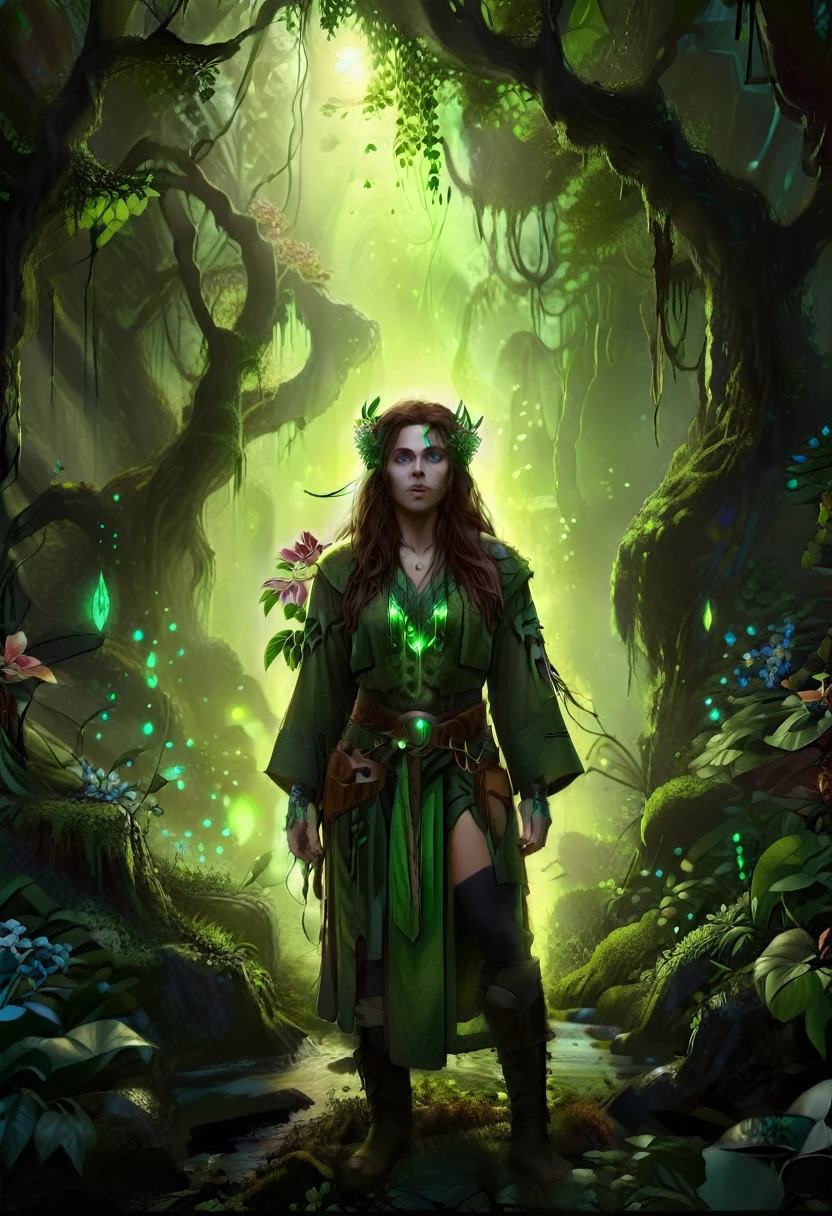  a picture of a druid in her jungle cove, an exotic, most beautiful human druid, priest of nature, warden of the wild of the jungle, full body, ((anatomically correct: 1.5)) long hair, wild hair, dynamic hair color, flowers and leaves in her hair, wearing a ((green robe: 1.3)), intricate robe, with flowers on it,  small cleavage, high boots, eyes glowing with magic, she protects her jungle grove, many old (cacao trees: 1.3), orchids trees, heliconia flowers, some wild life, a (stream of water: 1.3), fantasy art, vibrant, Ultra-high resolution, High Contrast, (masterpiece:1.5), highest quality, Best aesthetics), best details, best quality, highres, ultra wide angle, 16k, [ultra detailed], masterpiece, best quality, (extremely detailed) RAW, GlowingRunes_green DruidMagicAI