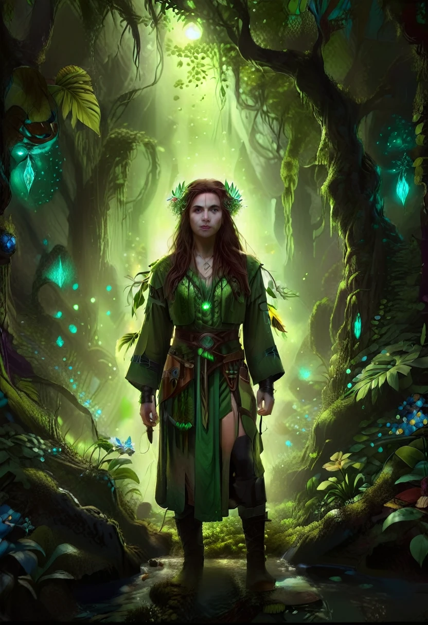  a picture of a druid in her jungle cove, an exotic, most beautiful human druid, priest of nature, warden of the wild of the jungle, full body, ((anatomically correct: 1.5)) long hair, wild hair, dynamic hair color, flowers and leaves in her hair, wearing a ((green robe: 1.3)), intricate robe, with flowers on it,  small cleavage, high boots, eyes glowing with magic, she protects her jungle grove, many old (cacao trees: 1.3), orchids trees, heliconia flowers, some wild life, a (stream of water: 1.3), fantasy art, vibrant, Ultra-high resolution, High Contrast, (masterpiece:1.5), highest quality, Best aesthetics), best details, best quality, highres, ultra wide angle, 16k, [ultra detailed], masterpiece, best quality, (extremely detailed) RAW, GlowingRunes_green DruidMagicAI