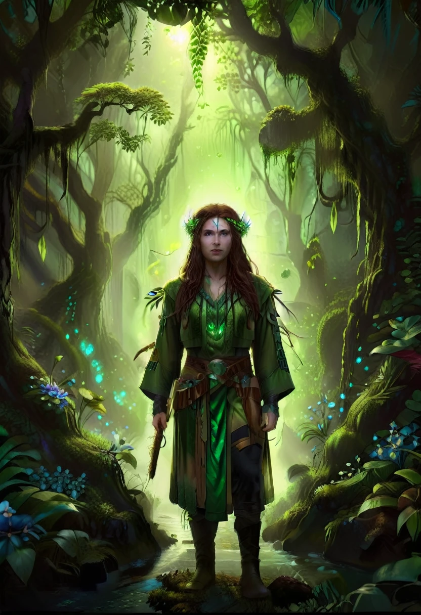  a picture of a druid in her jungle cove, an exotic, most beautiful human druid, priest of nature, warden of the wild of the jungle, full body, ((anatomically correct: 1.5)) long hair, wild hair, dynamic hair color, flowers and leaves in her hair, wearing a ((green robe: 1.3)), intricate robe, with flowers on it,  small cleavage, high boots, eyes glowing with magic, she protects her jungle grove, many old (cacao trees: 1.3), orchids trees, heliconia flowers, some wild life, a (stream of water: 1.3), fantasy art, vibrant, Ultra-high resolution, High Contrast, (masterpiece:1.5), highest quality, Best aesthetics), best details, best quality, highres, ultra wide angle, 16k, [ultra detailed], masterpiece, best quality, (extremely detailed) RAW, GlowingRunes_green DruidMagicAI