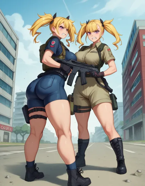 2girl, 19 years old, large breasts, triple d cup breasts, round buttocks, bubbly buttocks, wide hips, bubbly ass, tactical gear,...