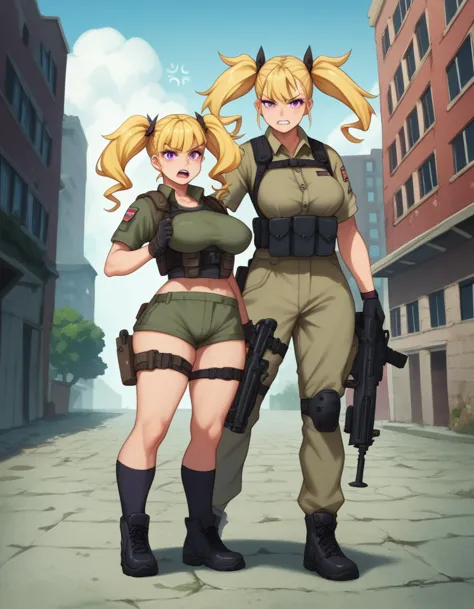 2girl, 19 years old, large breasts, triple d cup breasts, round buttocks, bubbly buttocks, wide hips, bubbly ass, tactical gear,...