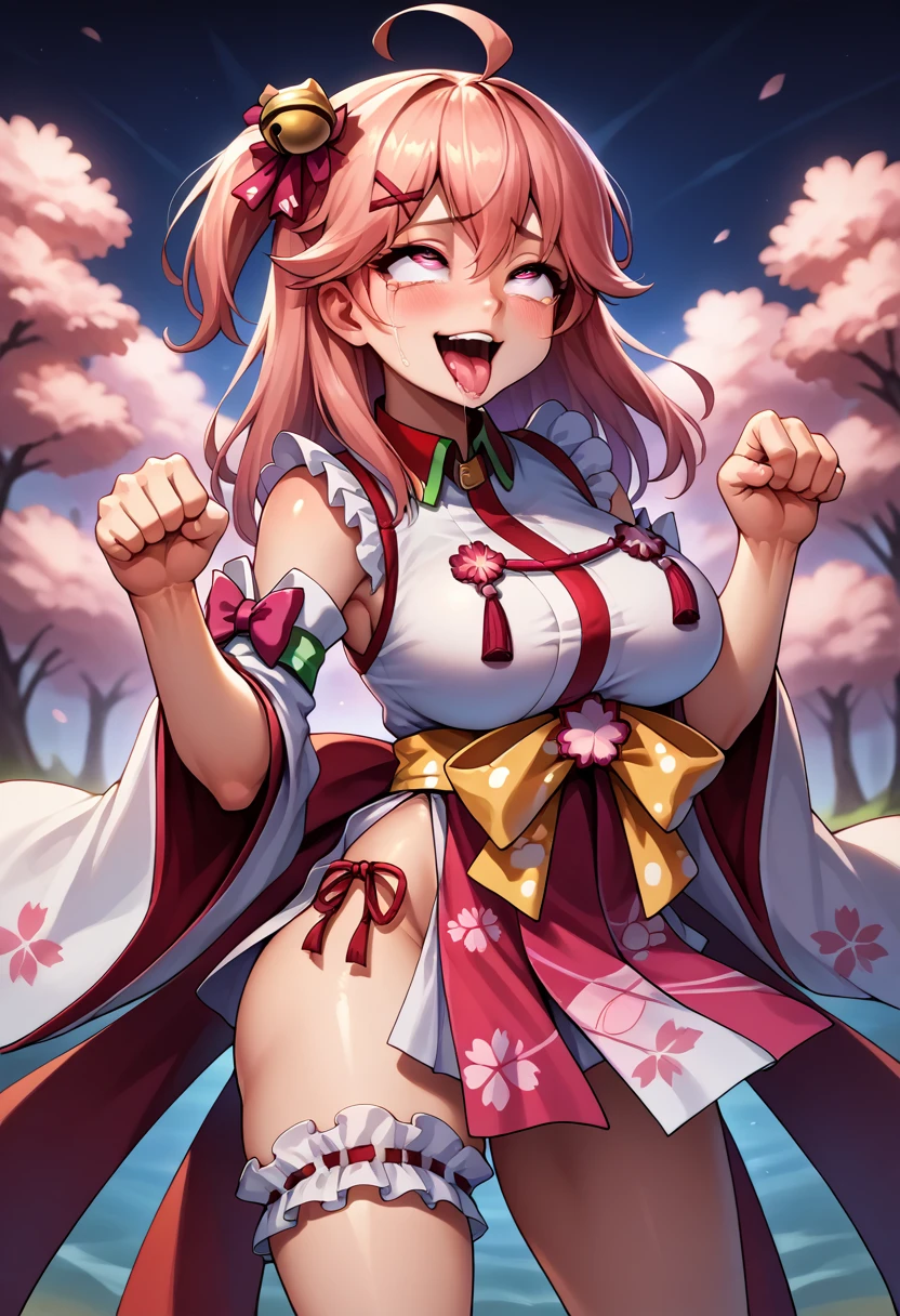 (masterpiece),(Highest quality),(Super detailed),(Best illustrations),(Best Shadow),(Absurd),(Detailed Background),(so beautiful)MikoBase, Sakuramiko, 16K, 4K, , One person, alone, curvy, Big Breasts, , , , , fluorescent pink eyes, , , , Oculogyric crisis, , Perfect figure, heart-shaped pupils, , , paw pose, Arched back, tongue out , Breast fetish, , orgasm, afterglow, erotic smile, ,  , , Sexy posture, , , cross-eyed, rolling eyes, , water eyes, tears, , , , , saliva trail, , shiny skin, , , torogao, ahegao, BREAK, , Dramatic lighting, Psychedelic Background, Clear liquid, , night, , , Torrent of Light, mysterious, spoken heart, (Perfect Arms, Perfect breasts, Perfect Anatomy), MikoBase, long hair, ahoge, one side up, hair bell, cherry blossom print, nontraditional miko, frills, single thighhigh, bridal garter