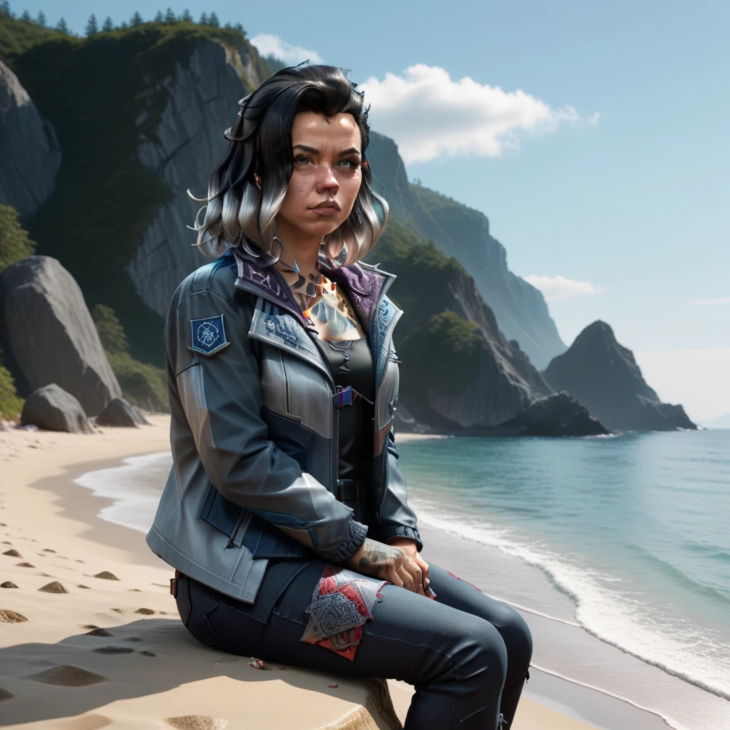 Beautiful picture of Fade from Valorant, fade_valorant, detailed, grey fingernails, shoulders tattoo of a bear paw, scar on nose, black grey hair, sitting on the beach enjoying the view, bikini, sitting on a stone