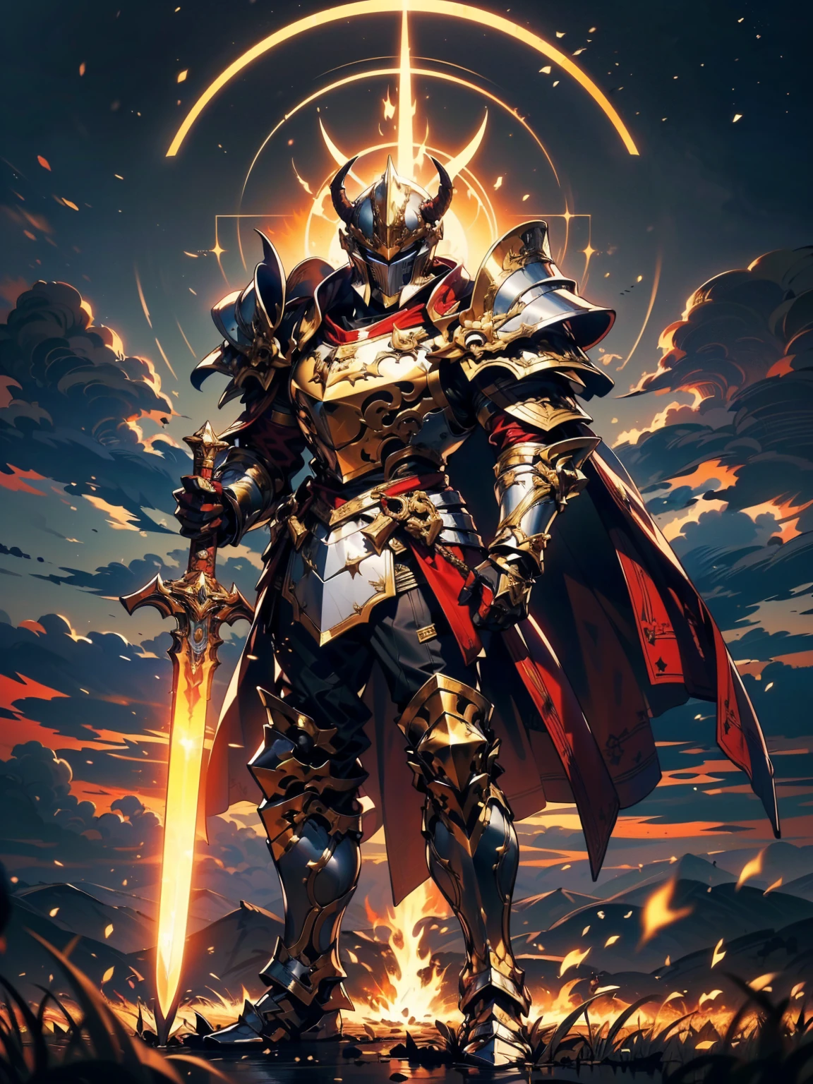 8K quality,(super masterpiece:1.3),Highest quality,Detailed Images,1 male,knight,pocket(Full Face,two big horns),armor(Silver Full Armor,Golden decoration),(Wear a red cloak,Red Cape),(Holding a flaming sword in both hands),(background:Burning image,sunset,幻想的なsunset,The End,The end of the world,grassland,Takayama,Halo effects),(Whole body image,Standing with your legs apart),(Face directly towards the camera,Looking directly at the viewer,looking at the camera,The body faces the viewer,The body is facing the direction of the camera,Face looking straight into the camera).