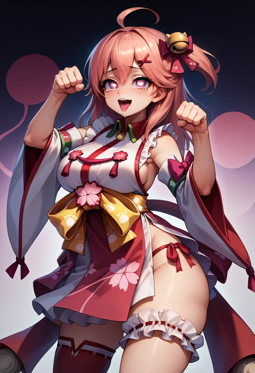 (masterpiece),(Highest quality),(Super detailed),(Best illustrations),(Best Shadow),(Absurd),(Detailed Background),(so beautiful)MikoBase, Sakuramiko, 16K, 4K, , One person, alone, curvy, Big Breasts, , , , , fluorescent pink eyes, , , , , , Perfect figure, heart-shaped pupils, , , paw pose, Arched back, tongue out , Breast fetish, , orgasm, afterglow, erotic smile, , , , Sexy posture, , , , , water eyes, tears, , , , , saliva trail, , shiny skin, , , torogao, , BREAK, , Dramatic lighting, Psychedelic Background, Clear liquid, , night, , , Torrent of Light, mysterious, spoken heart, (Perfect Arms, Perfect breasts, Perfect Anatomy), MikoBase, long hair, ahoge, one side up, hair bell, cherry blossom print, nontraditional miko, frills, single thighhigh, bridal garter