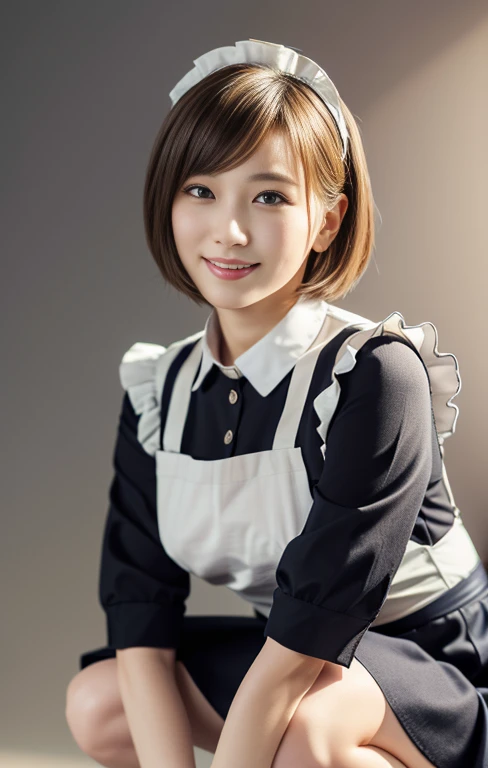 (An intellectual lady with a light colored maid outfit, pretending to work at a maid cafe, she is the winner of 'Best Smile for toothpaste CF', full body shot, gray background, wearing black high heels, short wavy bob hair, squatting pose, (best quality,4k,8k,highres,masterpiece:1.2),ultra-detailed,(realistic,photorealistic,photo-realistic:1.37),detailed facial features,beautiful detailed eyes,beautiful detailed lips,extremely detailed face,longeyelashes,maid uniform,maid cafe interior,studio lighting,vivid colors,warm lighting)