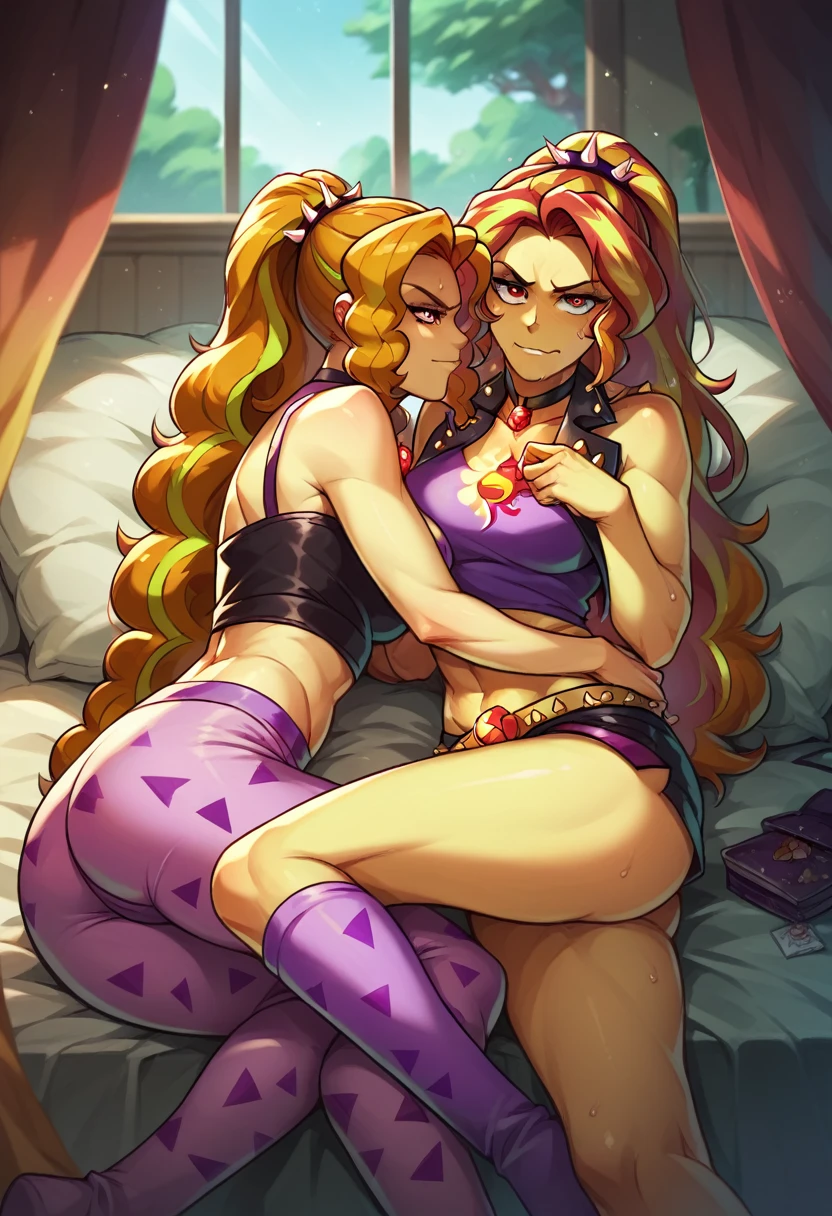 Adagio Dazzle makes Sunset Shimmer put on her clothes, Adagio Dazzle and Sunset Shimmer Equestria girls, in Adagio Dazzle's bedroom, Adagio Dazzle and Sunset Shimmer, cuerpo completo, High resolusion 