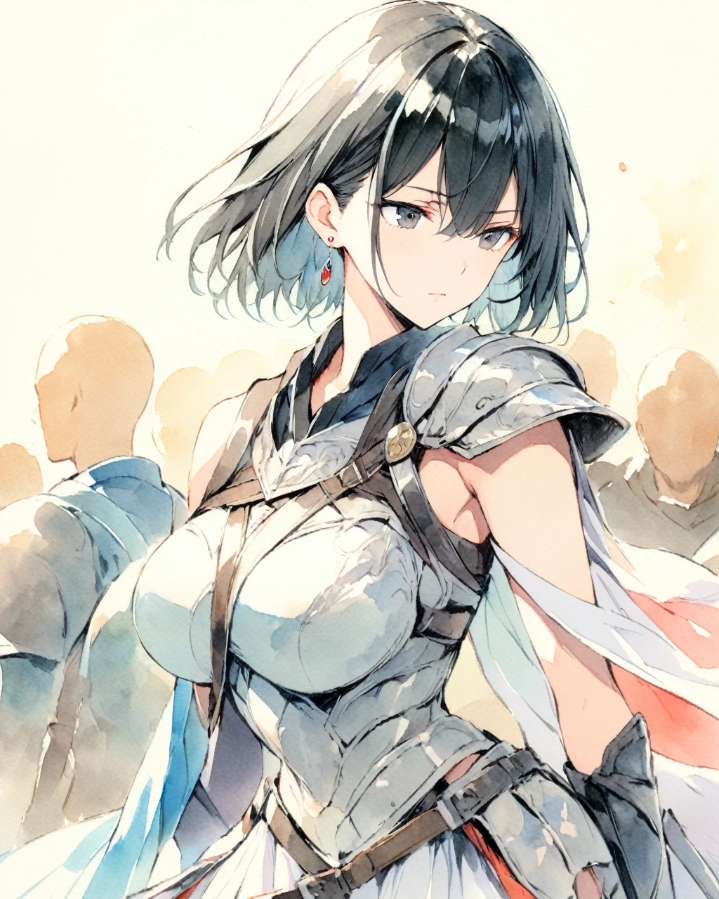 masterpiece, best quality, watercolor (medium), 1girl, breast, alone, short hair, split, Red and black hair, black eyes, earrings, Bangs, jewelry, skirt, bare shoulders, sleeveless, hair between eyes, 单pauldron, looking at the audience, large breast, armor, shoulder armor, sleeveless skirt, Upper body, single sleeve, white skirt, pauldron, 