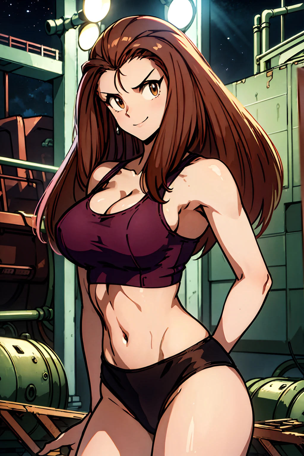 ((Masterpiece)), ((best quality)), very detailed, Detailed background, 1 woman, wavy brown hair, conjunctivitis, sly face , smile , tank top, pink panties , abdomen, big breasts , Long legs , stand on your hips , abandoned factory, at night