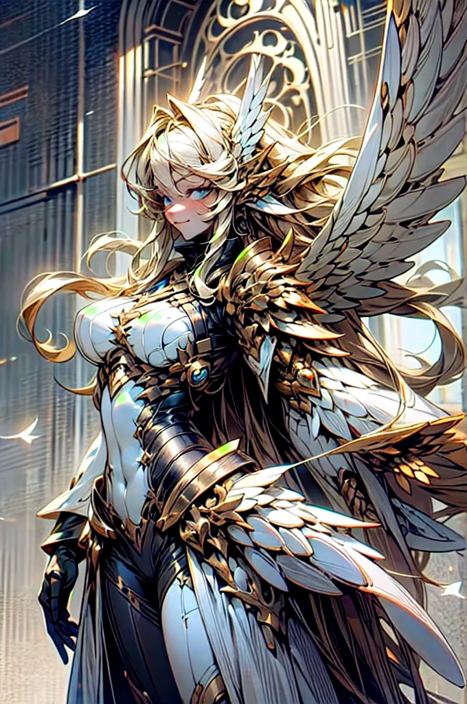 wsprmr,  metallic wing, metal wings, symmetrical metal wings,, ultra detailed, masterpiece, best quality, aesthetic, detailed,, solo, soft smile, light smile,
1girl, blue eyes, very long hair, blonde hair, long blonde hair, french braid, bangs, medium breasts,