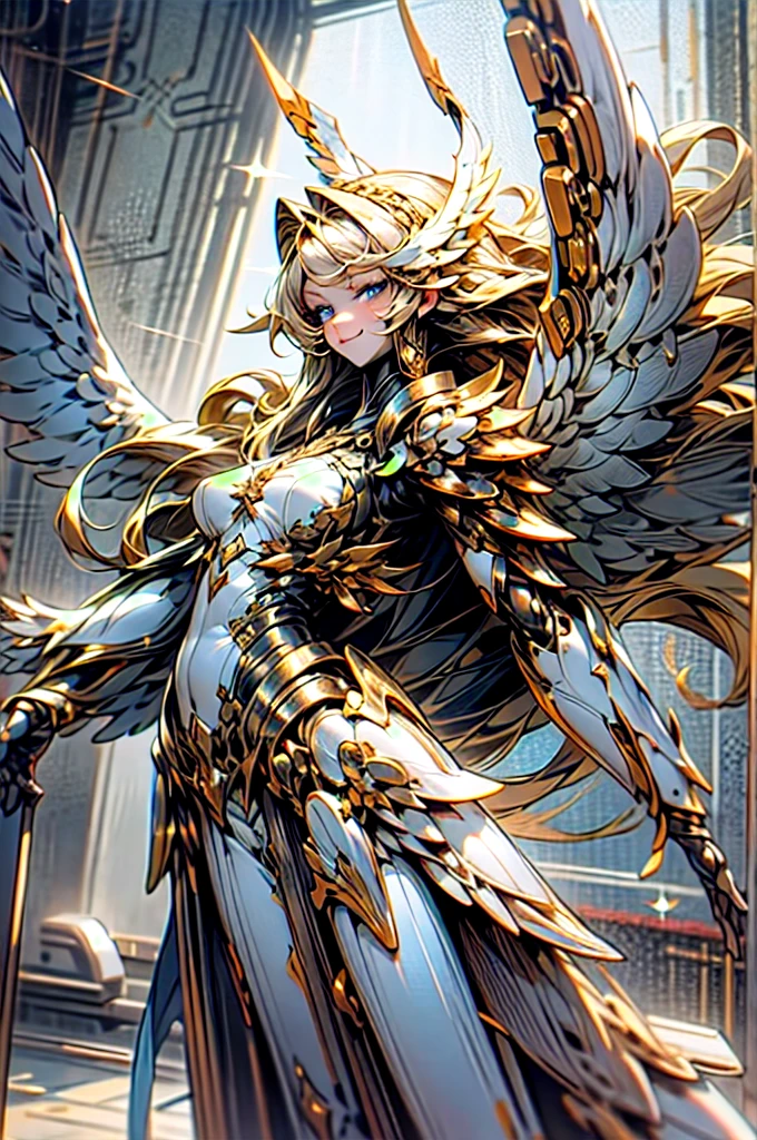 wsprmr,  metallic wing, metal wings, symmetrical metal wings,, ultra detailed, masterpiece, best quality, aesthetic, detailed,, solo, soft smile, light smile,
1girl, blue eyes, very long hair, blonde hair, long blonde hair, french braid, bangs, medium breasts,