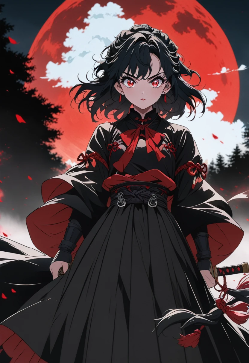 Anime girl with black hair and red eyes standing in front of a red moon, Demon Slayer Louis Fan Art, Demon Slayer Art Style, Anime Style 4k, Amazing anime 8k, With eyes that glow red, Anime Moe Art Style, Devil Anime Girl, Anime Art Wallpapers 8K, anime wallpaper 4k, anime wallpaper 4k, 1 7 year old anime goth girl